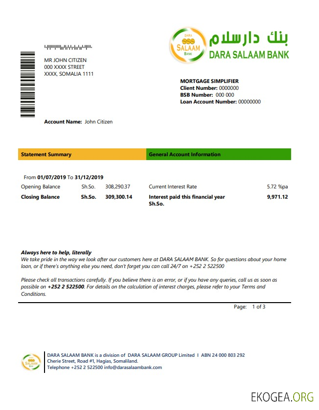 Modèle de relevé bancaire Somalie Dara Salaam au format Word et PDF, bon pour prouver l'adresse